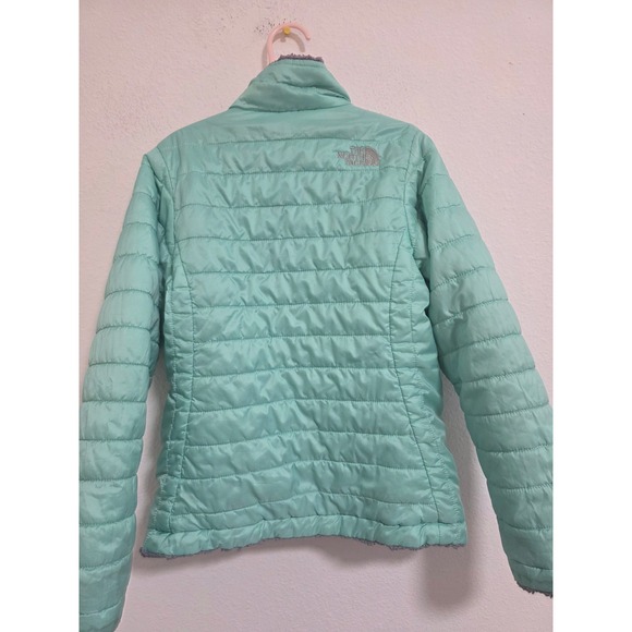 The North Face Girls Reversible Puffer Jacket Aqua Gray Fleece Kids Size 7/8 - Picture 5 of 6